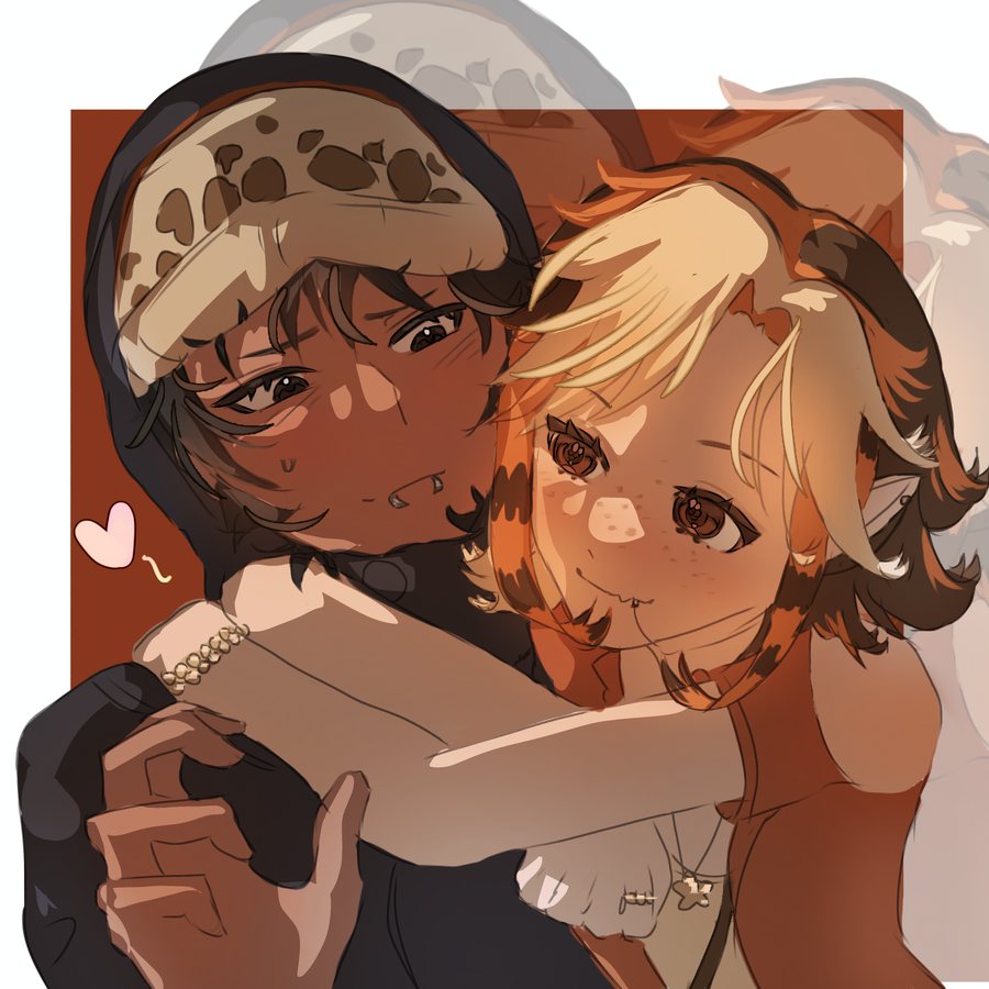 ilo hugging a friend from behind, a little heart beside them
